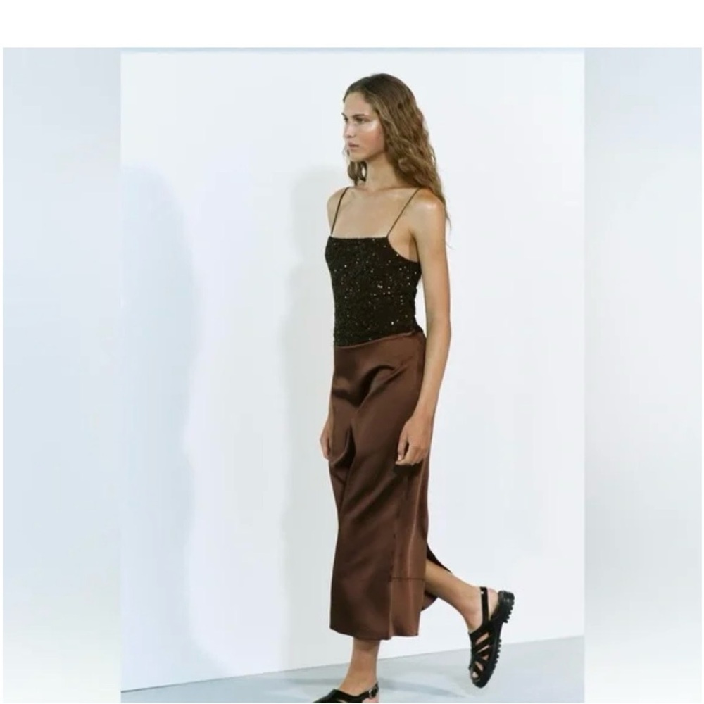 Zara Skirt Satin Midi Pencil High Waist Back Slit Brown XS NWT - Picture 2 of 14